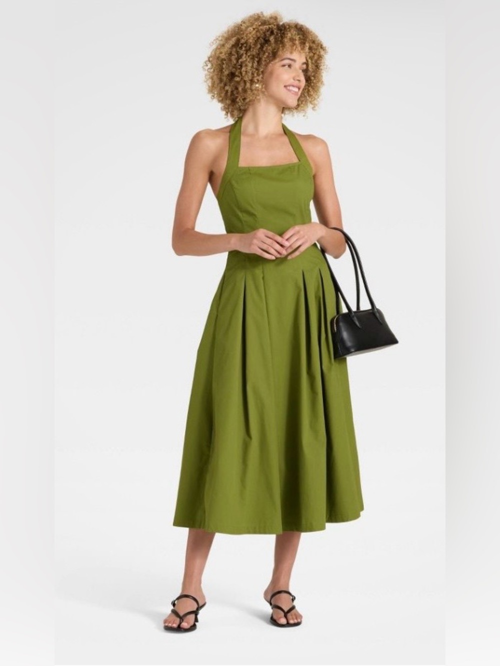 NWT A New Day Olive Green Halter Midi Dress Pockets Smocked Back Medium